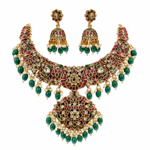 Premium Jadau Kundan Gold Plated Bridal Choker Necklace Set with Jhumka Earrings | Ruby & Emerald Green Beads